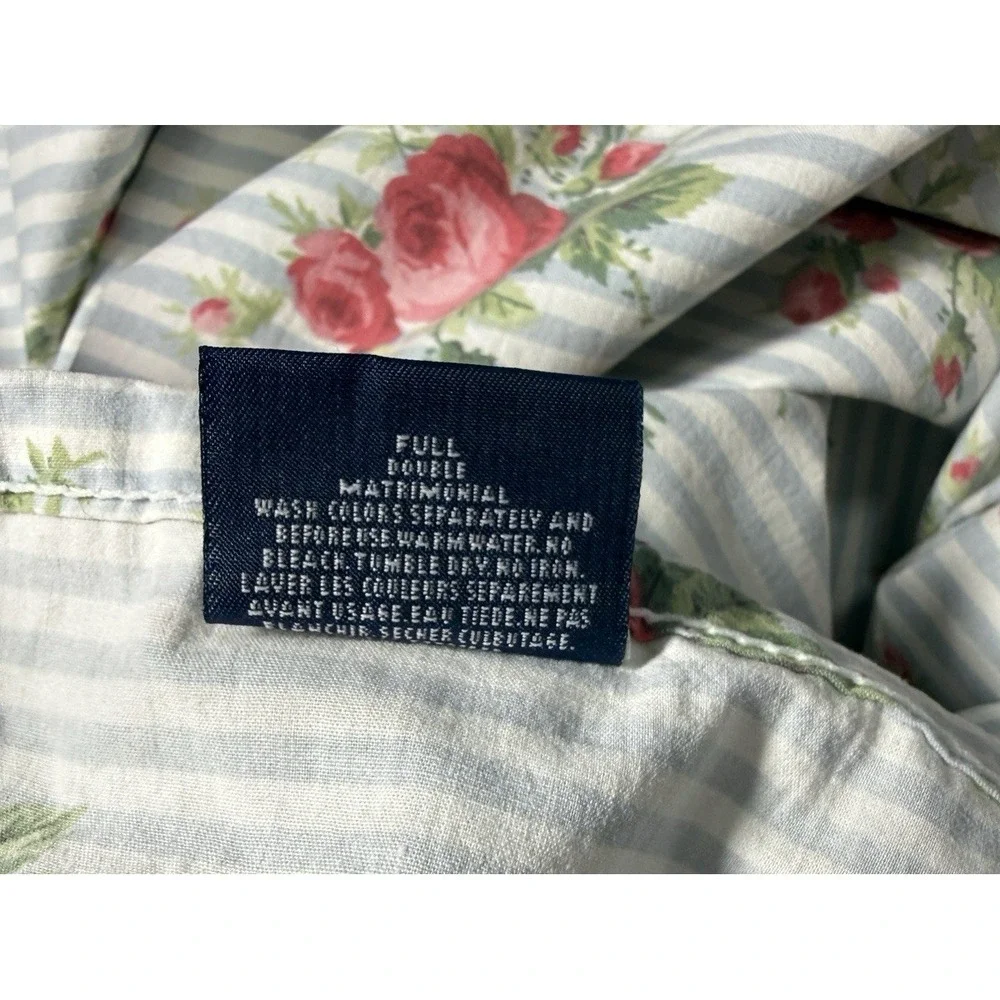 Ralph Lauren Emma Full Flat Sheet Blue Stripe Roses Ruffled Cottage Shabby Chic - Picture 4 of 6